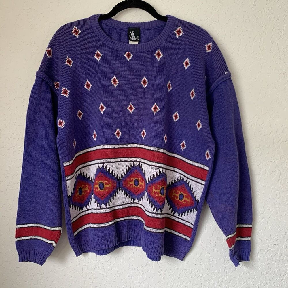 VTG Ali Miles‎ Sweater Women M Purple Diamond Crewneck Artsy Boho Southwest Twee